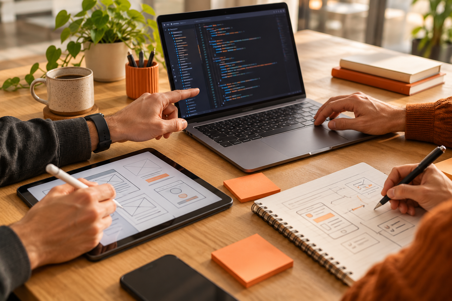 Illustrative collaborative software planning workspace with code and interface sketches